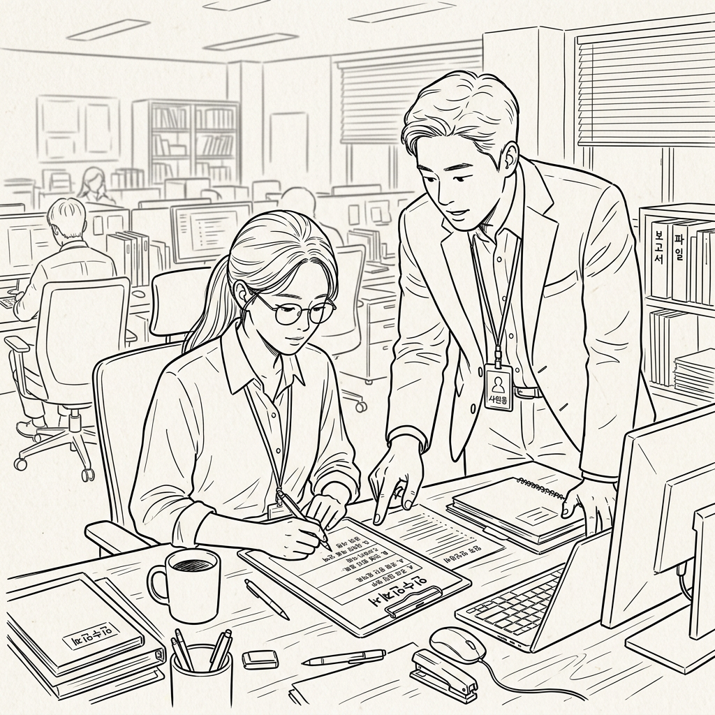 Two colleagues reviewing Korean-language documents at an office desk