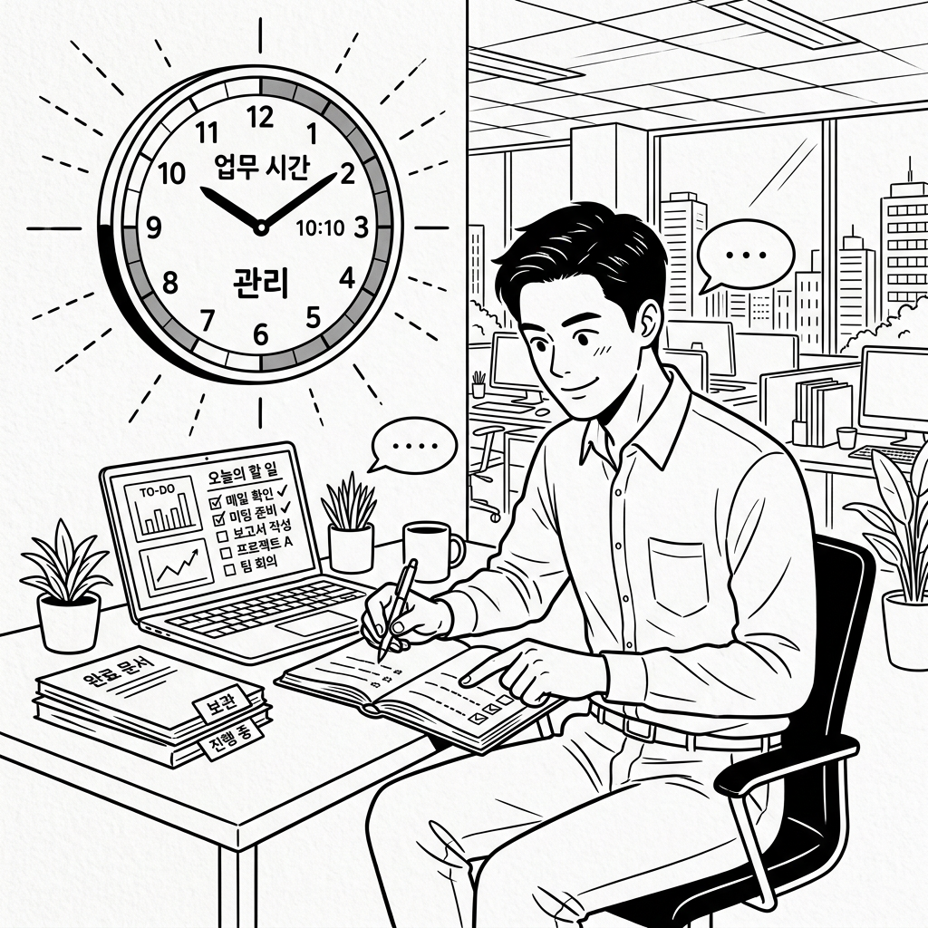 Office worker at desk; clock reads 10:10 업무 시간 관리; laptop says 오늘의 할 일; books labeled 업무 문서, 보관, 진행 중